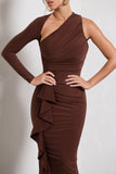 Compass Brown One-Sleeved Cut-Out Maxi Dress With Ruffle