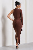 Compass Brown One-Sleeved Cut-Out Maxi Dress With Ruffle