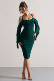 Quinn Bottle Green Ruched Strappy Long-Sleeved Midi Dress With Ruffles