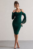 Quinn Bottle Green Ruched Strappy Long-Sleeved Midi Dress With Ruffles
