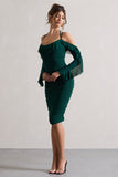 Quinn Bottle Green Ruched Strappy Long-Sleeved Midi Dress With Ruffles
