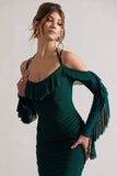 Quinn Bottle Green Ruched Strappy Long-Sleeved Midi Dress With Ruffles