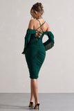 Quinn Bottle Green Ruched Strappy Long-Sleeved Midi Dress With Ruffles