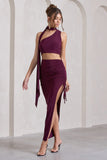 In The Air Plum Ruched Asymmetric High-Waisted Maxi Skirt