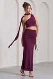 In The Air Plum Ruched Asymmetric High-Waisted Maxi Skirt