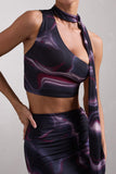 North Wind Black Printed One-Shoulder Crop Top With Scarf