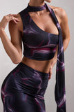 North Wind Black Printed One-Shoulder Crop Top With Scarf