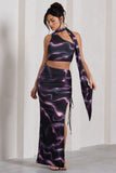 In The Air Black Printed Ruched Asymmetric High-Waisted Maxi Skirt