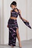 In The Air Black Printed Ruched Asymmetric High-Waisted Maxi Skirt