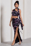 In The Air Black Printed Ruched Asymmetric High-Waisted Maxi Skirt