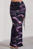 In The Air Black Printed Ruched Asymmetric High-Waisted Maxi Skirt