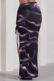 In The Air Black Printed Ruched Asymmetric High-Waisted Maxi Skirt