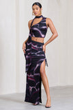 In The Air Black Printed Ruched Asymmetric High-Waisted Maxi Skirt
