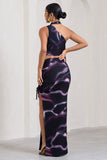 In The Air Black Printed Ruched Asymmetric High-Waisted Maxi Skirt