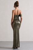 Gilded Gold Metallic One-Sleeved Cut-Out Split Maxi Dress