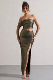 Gilded Gold Metallic One-Sleeved Cut-Out Split Maxi Dress
