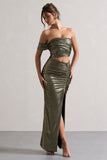 Gilded Gold Metallic One-Sleeved Cut-Out Split Maxi Dress