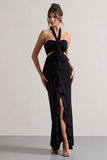 Powerful Black Cut-Out Halter-Neck Maxi Dress With Flower & Ruffles