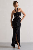 Powerful Black Cut-Out Halter-Neck Maxi Dress With Flower & Ruffles