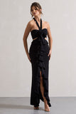 Powerful Black Cut-Out Halter-Neck Maxi Dress With Flower & Ruffles