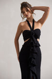 Powerful Black Cut-Out Halter-Neck Maxi Dress With Flower & Ruffles