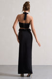 Powerful Black Cut-Out Halter-Neck Maxi Dress With Flower & Ruffles