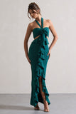 Powerful Petrol Blue Cut-Out Halter-Neck Maxi Dress With Flower & Ruffles