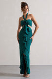 Powerful Petrol Blue Cut-Out Halter-Neck Maxi Dress With Flower & Ruffles
