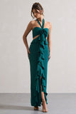 Powerful Petrol Blue Cut-Out Halter-Neck Maxi Dress With Flower & Ruffles