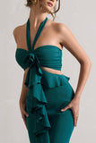 Powerful Petrol Blue Cut-Out Halter-Neck Maxi Dress With Flower & Ruffles