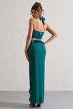 Powerful Petrol Blue Cut-Out Halter-Neck Maxi Dress With Flower & Ruffles