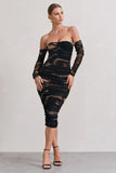 Indy Brown Print Ruched Strapless Long-Sleeve Midi Dress