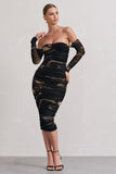 Indy Brown Print Ruched Strapless Long-Sleeve Midi Dress