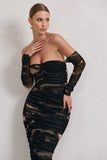 Indy Brown Print Ruched Strapless Long-Sleeve Midi Dress
