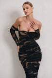 Indy Brown Print Ruched Strapless Long-Sleeve Midi Dress