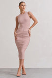 Antonia Champagne Sleeveless Ruched Bodycon Midi Dress