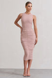 Antonia Champagne Sleeveless Ruched Bodycon Midi Dress
