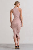 Antonia Champagne Sleeveless Ruched Bodycon Midi Dress
