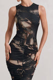 Antonia Brown Print Sleeveless Ruched Bodycon Midi Dress