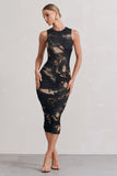 Antonia Brown Print Sleeveless Ruched Bodycon Midi Dress