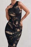 Antonia Brown Print Sleeveless Ruched Bodycon Midi Dress