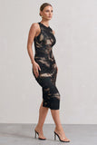 Antonia Brown Print Sleeveless Ruched Bodycon Midi Dress