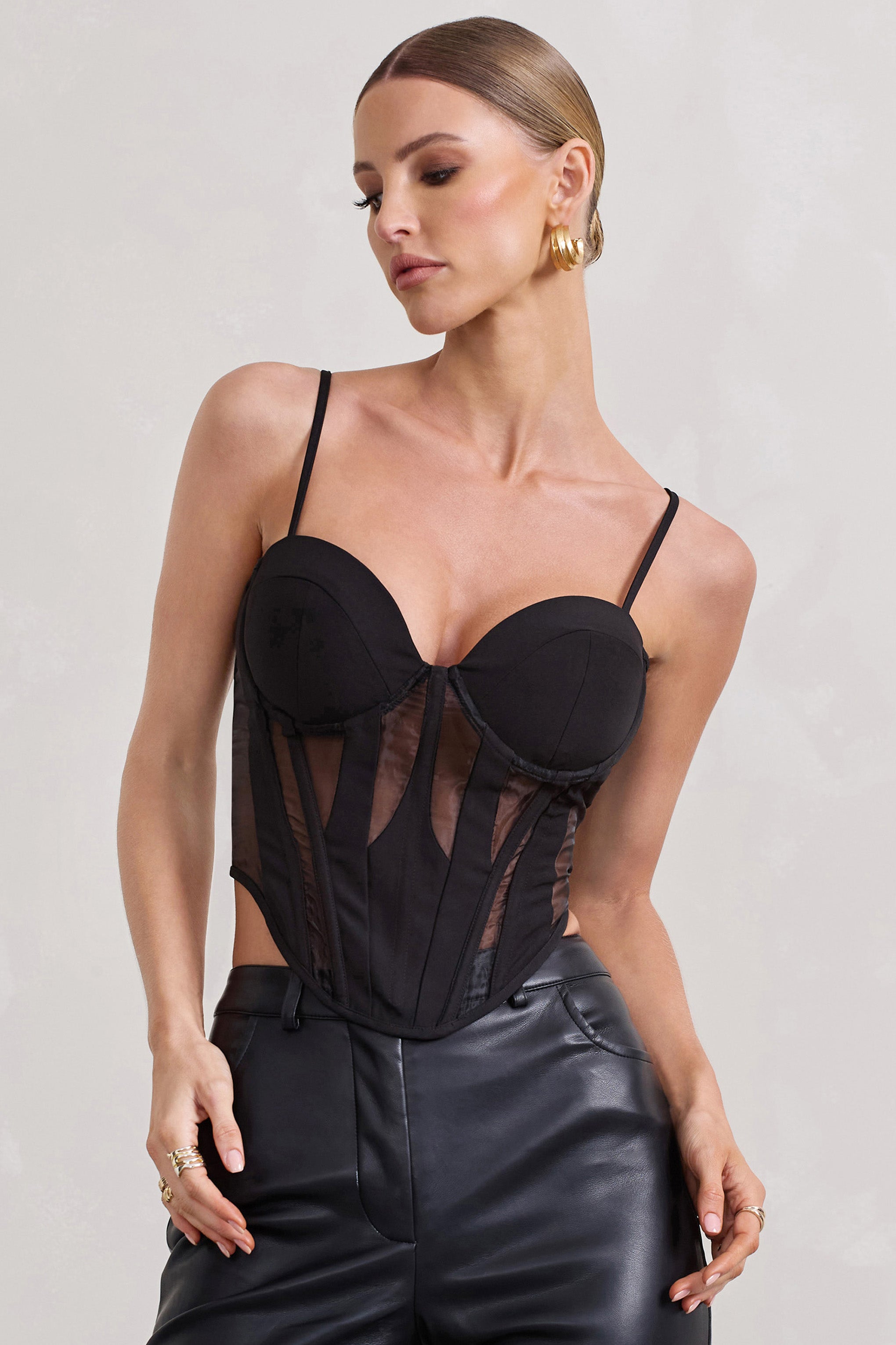 Electra Black Mesh Panelled Strappy Corset Top