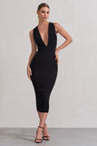 Odessa Black Plunge Sleeveless Midi Dress With Tie Waist