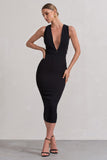 Odessa Black Plunge Sleeveless Midi Dress With Tie Waist