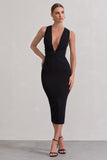 Odessa Black Plunge Sleeveless Midi Dress With Tie Waist