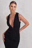 Odessa Black Plunge Sleeveless Midi Dress With Tie Waist