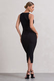 Odessa Black Plunge Sleeveless Midi Dress With Tie Waist