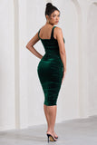 Cora Bottle Green Velvet Square Neck Bodycon Midi Dress