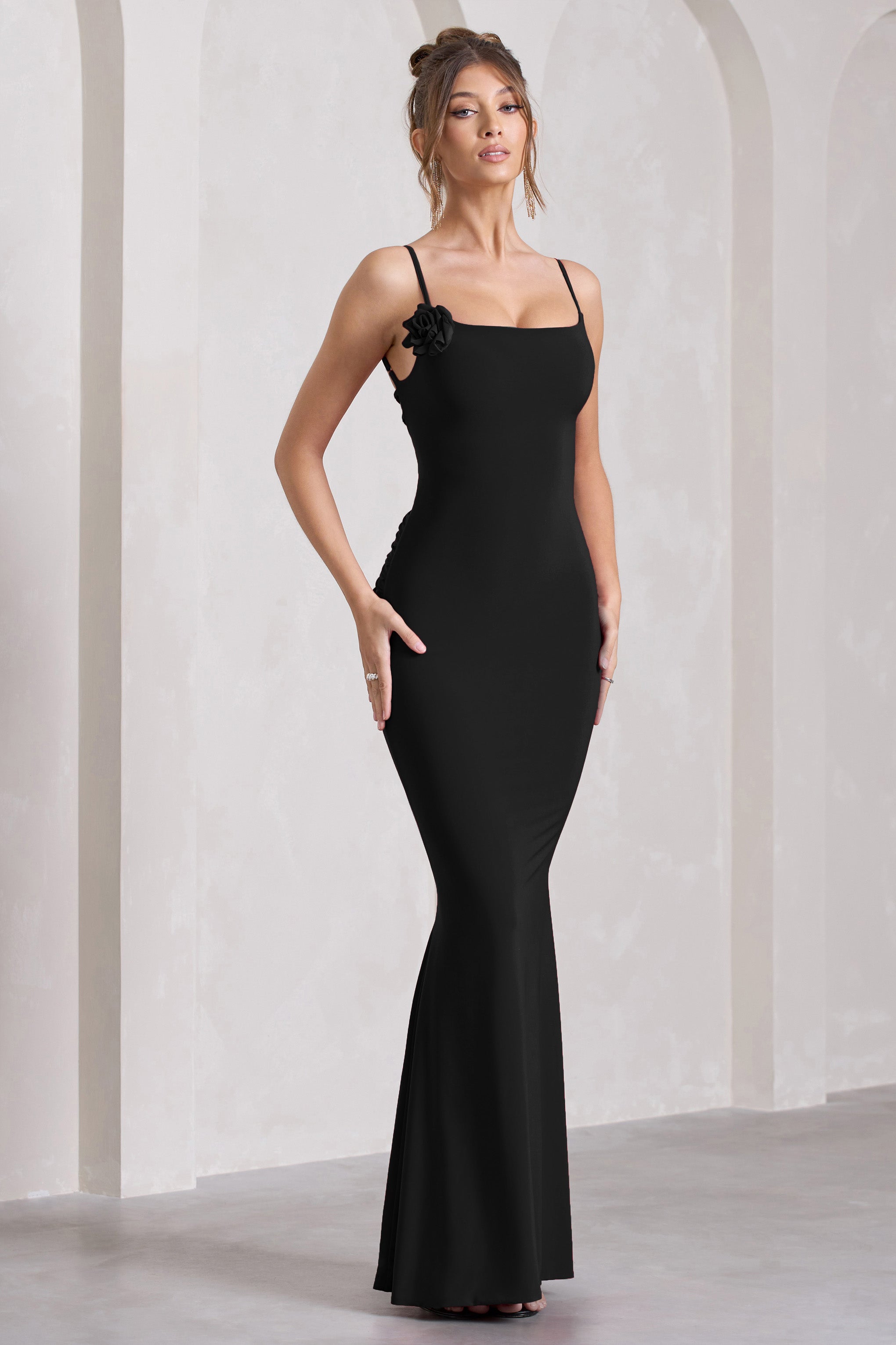 Alora Black Strappy Lace-Up Maxi Dress With Flower Corsage